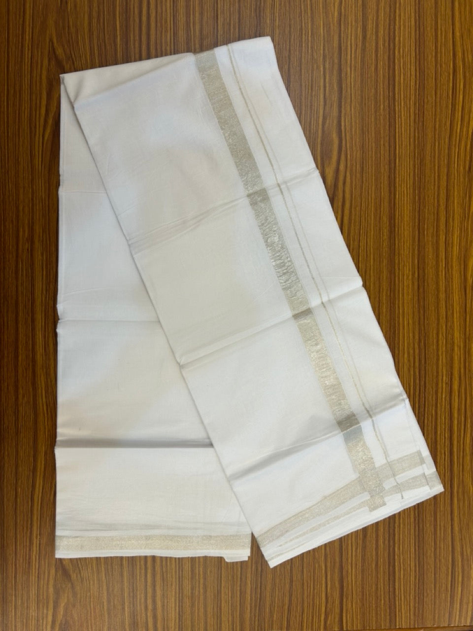20% Discount ! KaithariKada Balaramapuram 100% Cotton Double Pure white Mundu/Dhoti- 100x80 - 1 inch Silver Kasavu Kara - 3.90mtr ( 8 muzham) - 2 KK5251 PMC