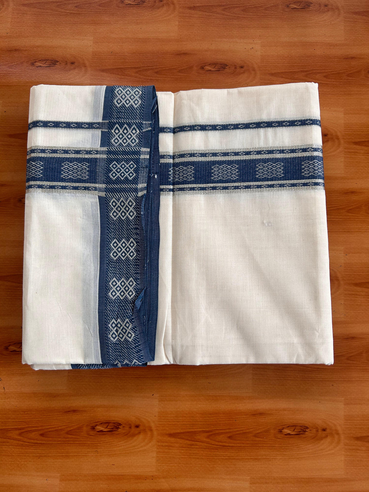 Double Off White (Unbleached) Mundu/Dhoti - 20% Discount! Kaitharikada Pure Cotton - 100x80 - 1.75 Inch Silver Kasav & Blue Jacquard Design Kara 4 mtr (8.5 muzham) - 8 KK5541 PMC