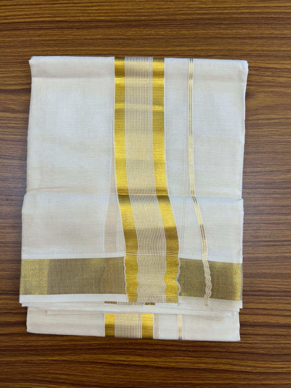 20% Discount!! KaithariKada Balaramapuram - 100% PURE Cotton OFF WHITE  (Unbleached) Neriyath - 1.75 Inch Kasavu Stripes Kara - 5KK5215 VIN