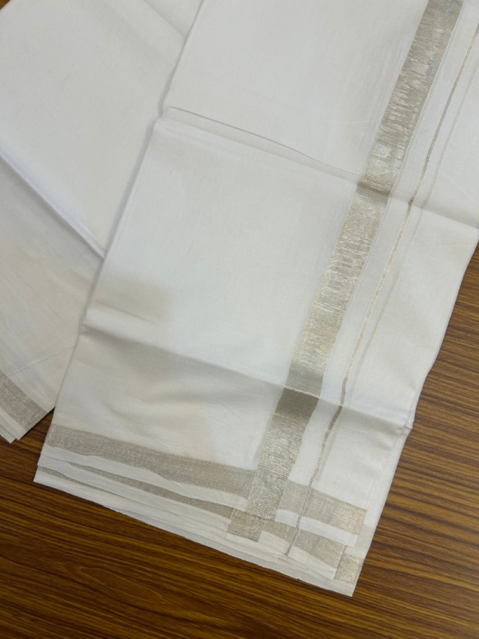20% Discount ! KaithariKada Balaramapuram 100% Cotton Double Pure white Mundu/Dhoti- 100x80 - 1 inch Silver Kasavu Kara - 3.90mtr ( 8 muzham) - 2 KK5251 PMC