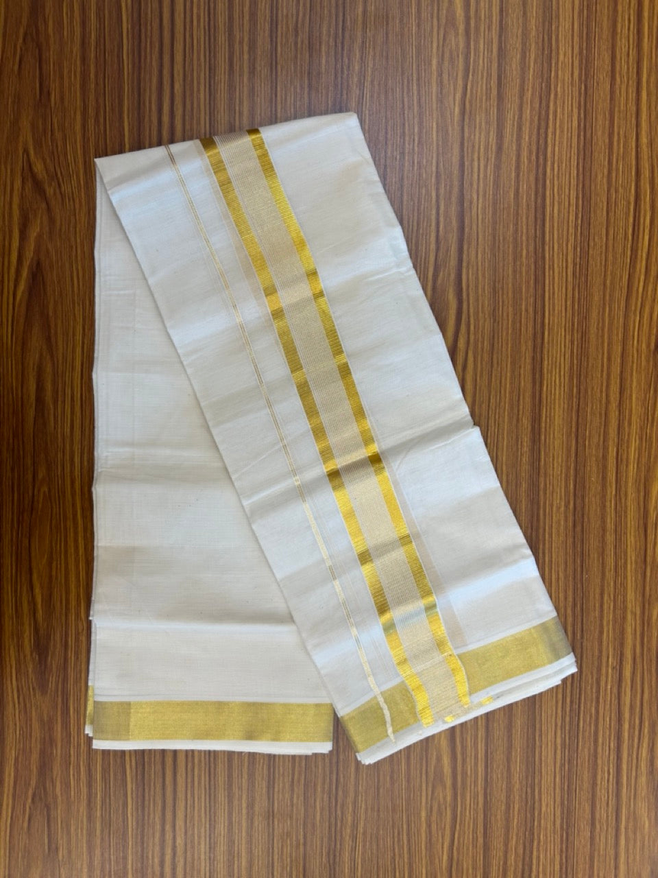 20% Discount!! KaithariKada Balaramapuram - 100% PURE Cotton OFF WHITE  (Unbleached) Neriyath - 1.75 Inch Kasavu Stripes Kara - 5KK5215 VIN