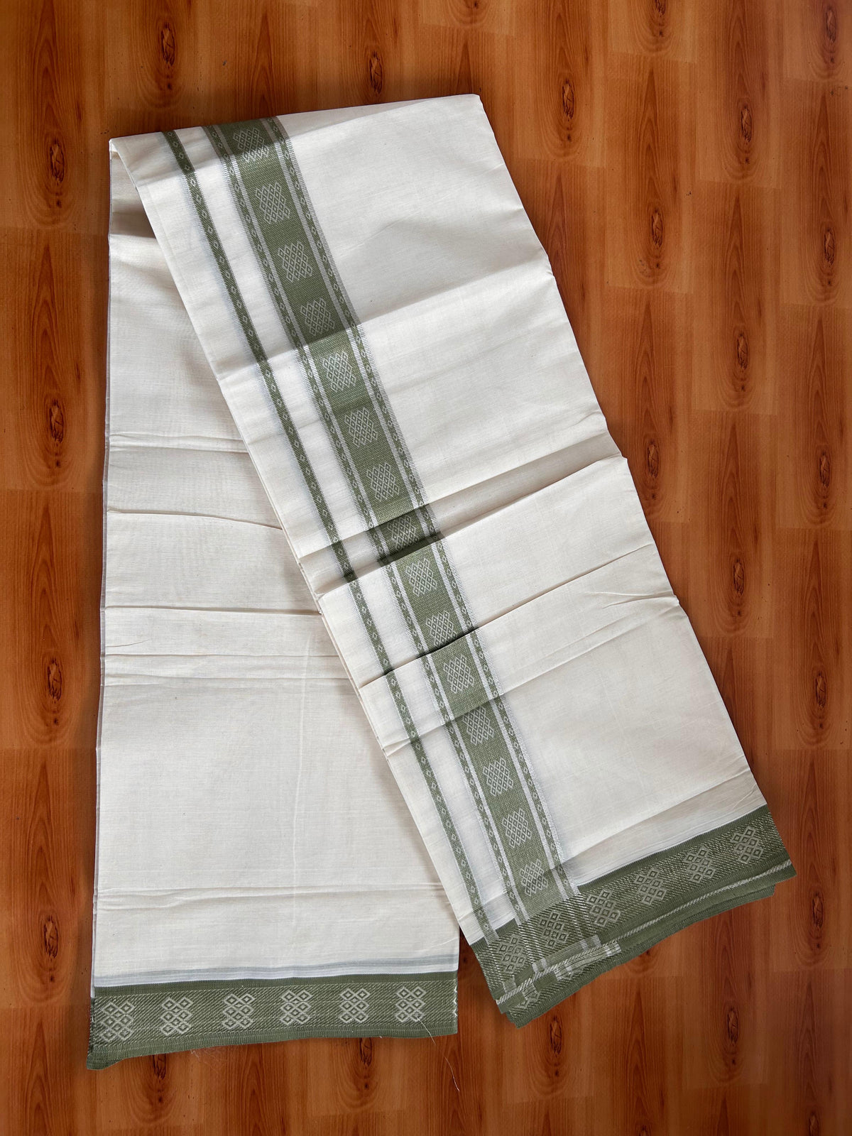 Double Off White (Unbleached) Mundu/Dhoti - 20% Discount! Kaitharikada Pure Cotton - 100x80 - 2 Inch Silver Kasav & Olive  Green Jacquard Design Kara 4 mtr (8.5 muzham) - 9 KK5541 PMC