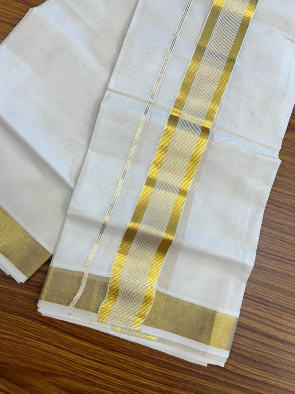 20% Discount!! KaithariKada Balaramapuram - 100% PURE Cotton OFF WHITE  (Unbleached) Neriyath - 1.75 Inch Kasavu Stripes Kara - 5KK5215 VIN