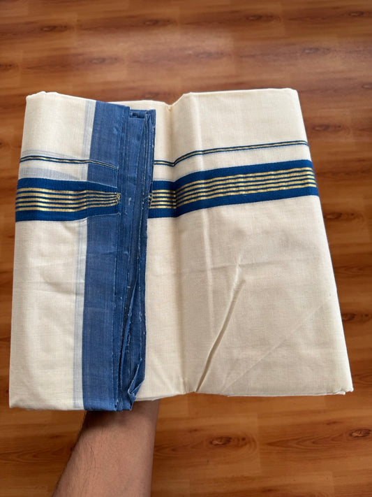 Off White (Unbleached) Double Mundu/Dothi - 25% Discount ! KaithariKada Handloom Millpaav - Kerala Handloom - 80x90 - 1.25 inch Gold Kasav & Peacock Blue Stripes Kara 4 Meters (8.5 Muzham) - 5 KK5508 RAM