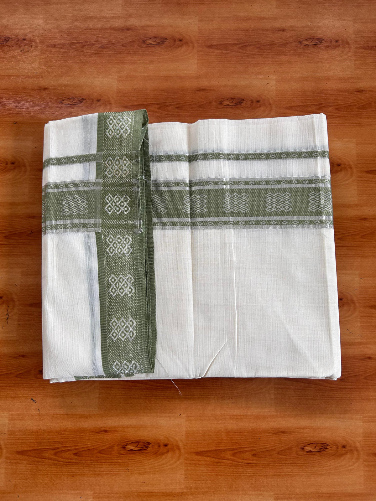 Double Off White (Unbleached) Mundu/Dhoti - 20% Discount! Kaitharikada Pure Cotton - 100x80 - 2 Inch Silver Kasav & Olive  Green Jacquard Design Kara 4 mtr (8.5 muzham) - 9 KK5541 PMC