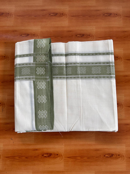 Double Off White (Unbleached) Mundu/Dhoti - 20% Discount! Kaitharikada Pure Cotton - 100x80 - 2 Inch Silver Kasav & Olive  Green Jacquard Design Kara 4 mtr (8.5 muzham) - 9 KK5541 PMC