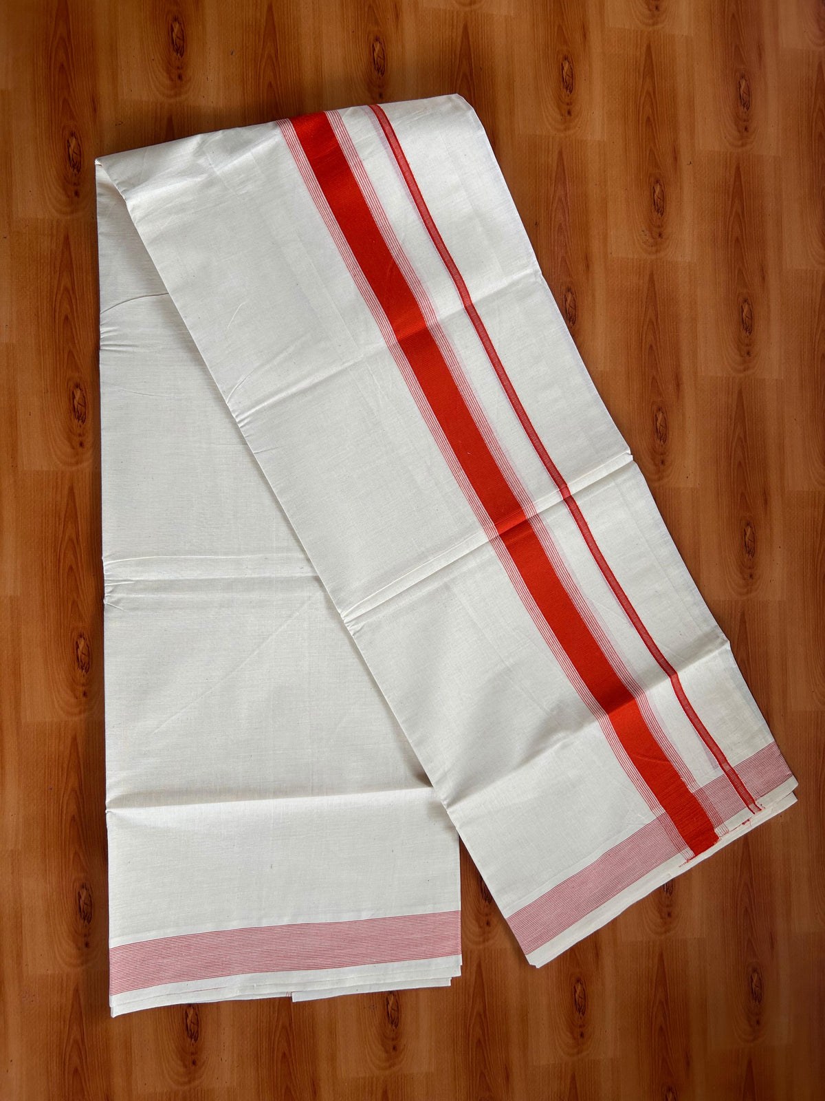 Double Off White (Unbleached) Mundu/Dhoti - 20% Discount! Kaitharikada Pulimood Pure Cotton - 100x80 - 1.75 Inch Orange Striped Kara 4 mtr (8.5 muzham) - 10 KK5541 PMC
