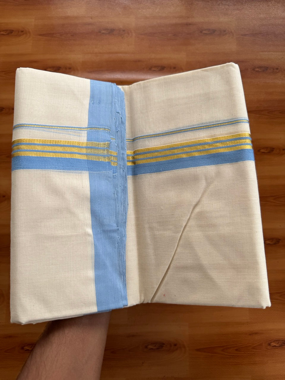 Off White (Unbleached) Double Mundu/Dothi - 25% Discount ! KaithariKada Handloom Millpaav - Kerala Handloom - 80x90 - 1.25 inch Gold Kasav & Blue Stripes Kara 4 Meters (8.5 Muzham) - 4 KK5508 RAM