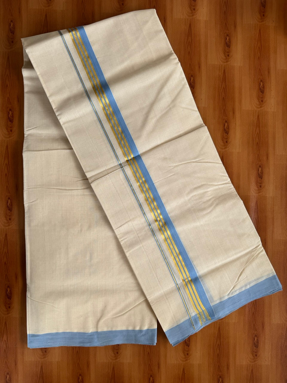 Off White (Unbleached) Double Mundu/Dothi - 25% Discount ! KaithariKada Handloom Millpaav - Kerala Handloom - 80x90 - 1.25 inch Gold Kasav & Blue Stripes Kara 4 Meters (8.5 Muzham) - 4 KK5508 RAM
