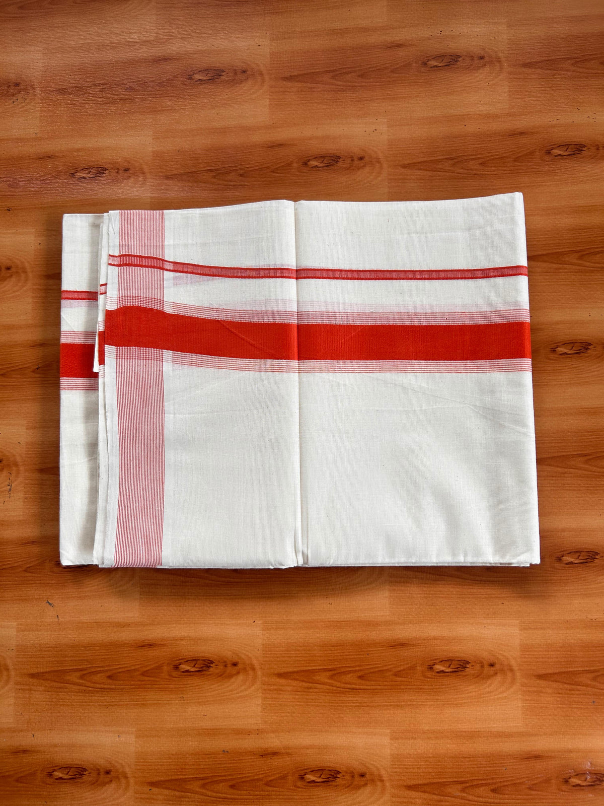 Double Off White (Unbleached) Mundu/Dhoti - 20% Discount! Kaitharikada Pulimood Pure Cotton - 100x80 - 1.75 Inch Orange Striped Kara 4 mtr (8.5 muzham) - 10 KK5541 PMC
