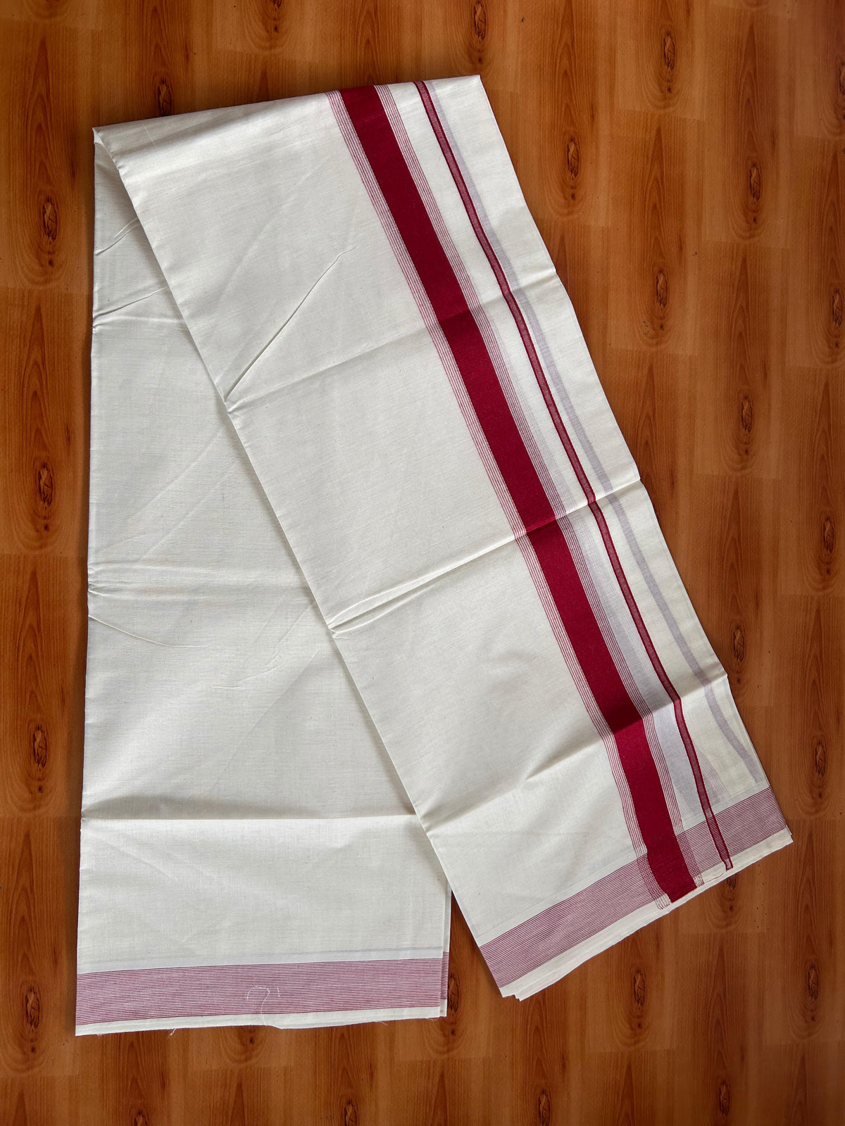 Double Off White (Unbleached) Mundu/Dhoti - 20% Discount! Kaitharikada Pulimood Pure Cotton - 100x80 - 1.55 Inch Maroon Striped Kara 4 mtr (8.5 muzham) - 11 KK5541 PMC