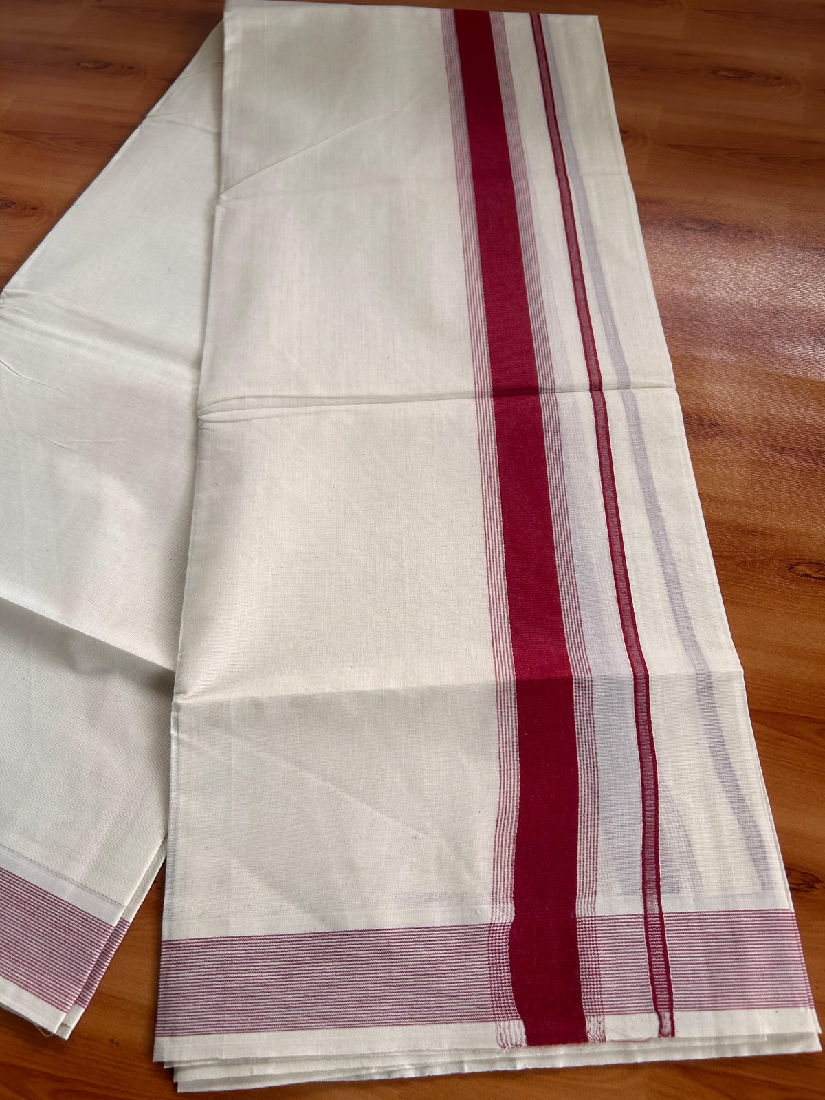 Double Off White (Unbleached) Mundu/Dhoti - 20% Discount! Kaitharikada Pulimood Pure Cotton - 100x80 - 1.55 Inch Maroon Striped Kara 4 mtr (8.5 muzham) - 11 KK5541 PMC