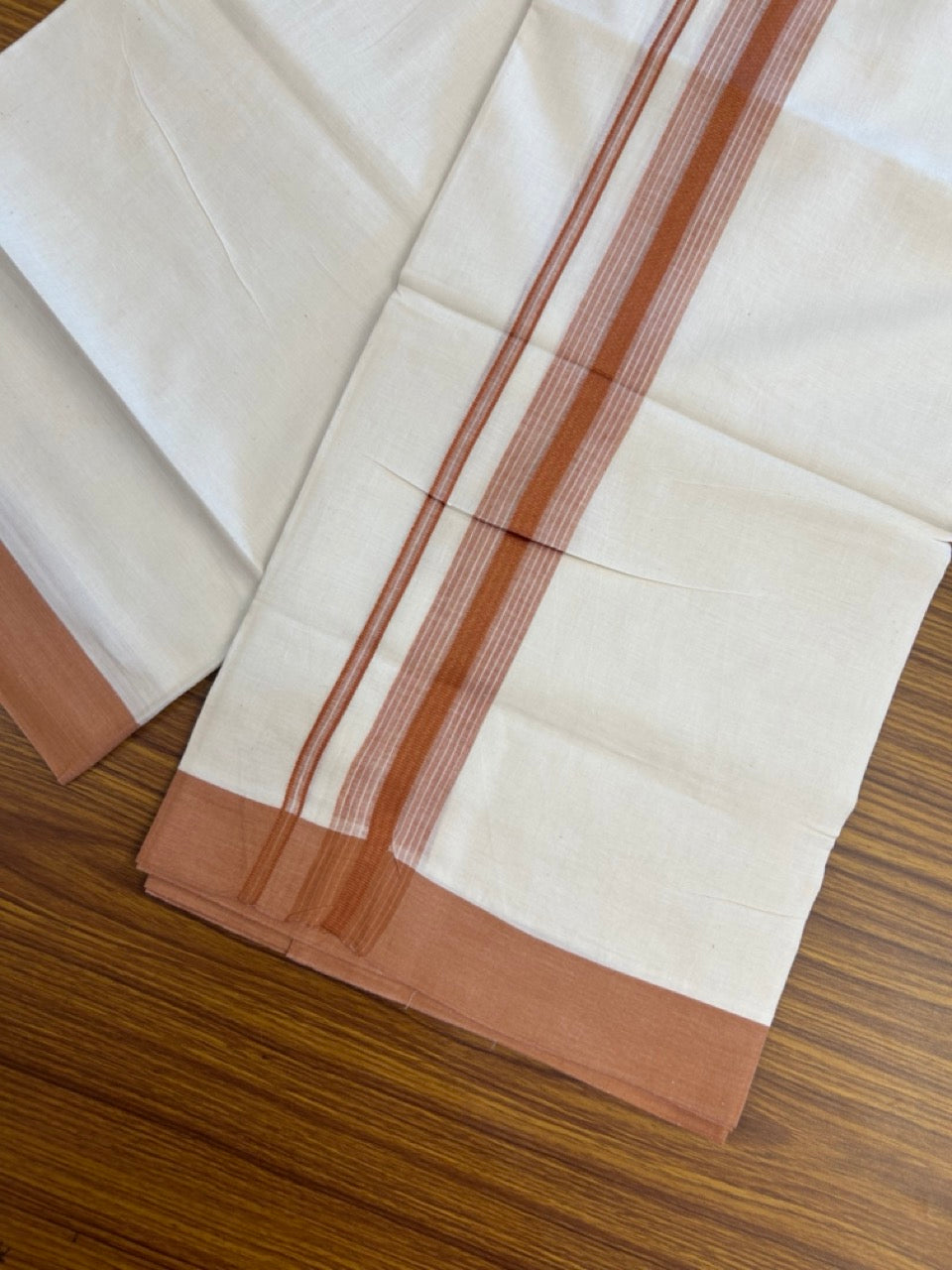 20% DISCOUNT! KaithariKada Balaramapuram Double OFF WHITE Mundu/Dhoti - 100x80 - 1.5 Inch Brick Orange striped Kara - 11 KK5285 VAS