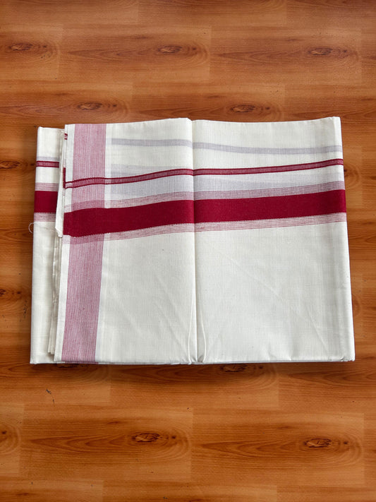 Double Off White (Unbleached) Mundu/Dhoti - 20% Discount! Kaitharikada Pulimood Pure Cotton - 100x80 - 1.55 Inch Maroon Striped Kara 4 mtr (8.5 muzham) - 11 KK5541 PMC