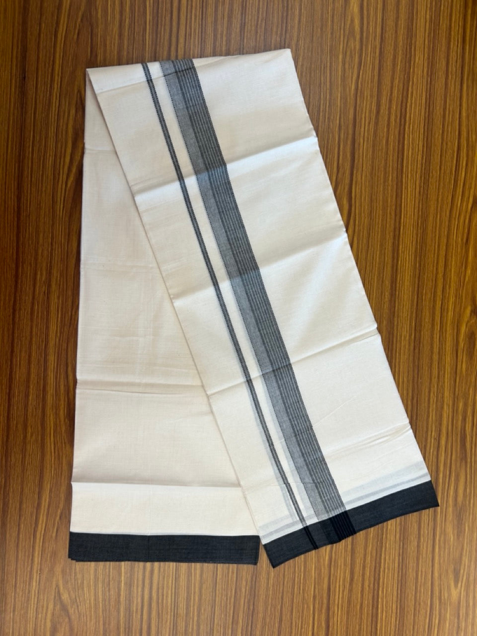 20% DISCOUNT! KaithariKada Balaramapuram Double OFF WHITE Mundu/Dhoti - 100x80 - 1.5 Inch Black Shaded striped Kara - 12 KK5285 VAS