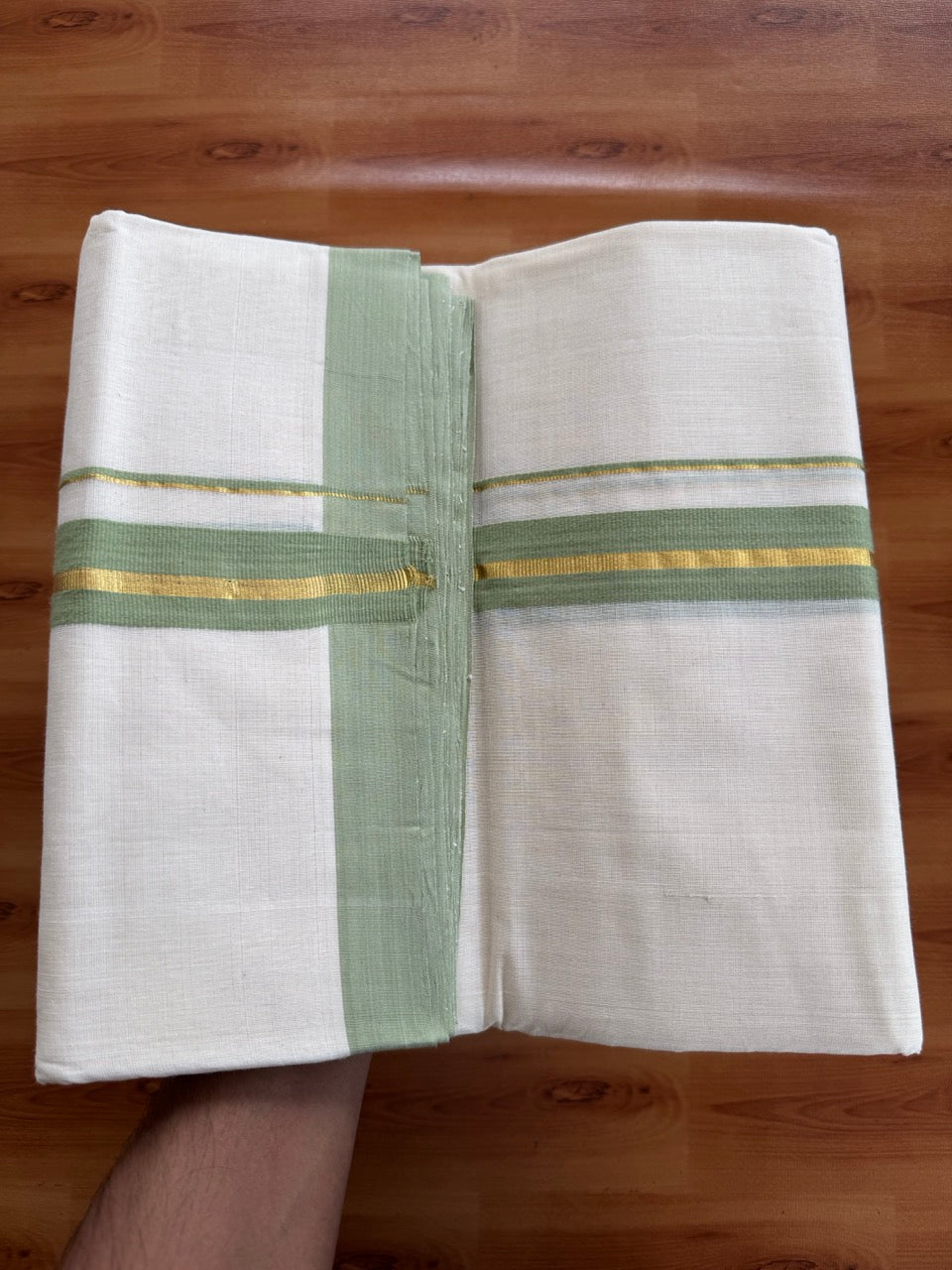 Off White (Unbleached) Double Mundu/Dothi - 25% Discount ! KaithariKada Handloom Millpaav - Kerala Handloom - 80x90 - 1.25 inch Gold Kasav & Pista Green Stripes Kara 4 Meters (8.5 Muzham) - 2 KK5508 RAM
