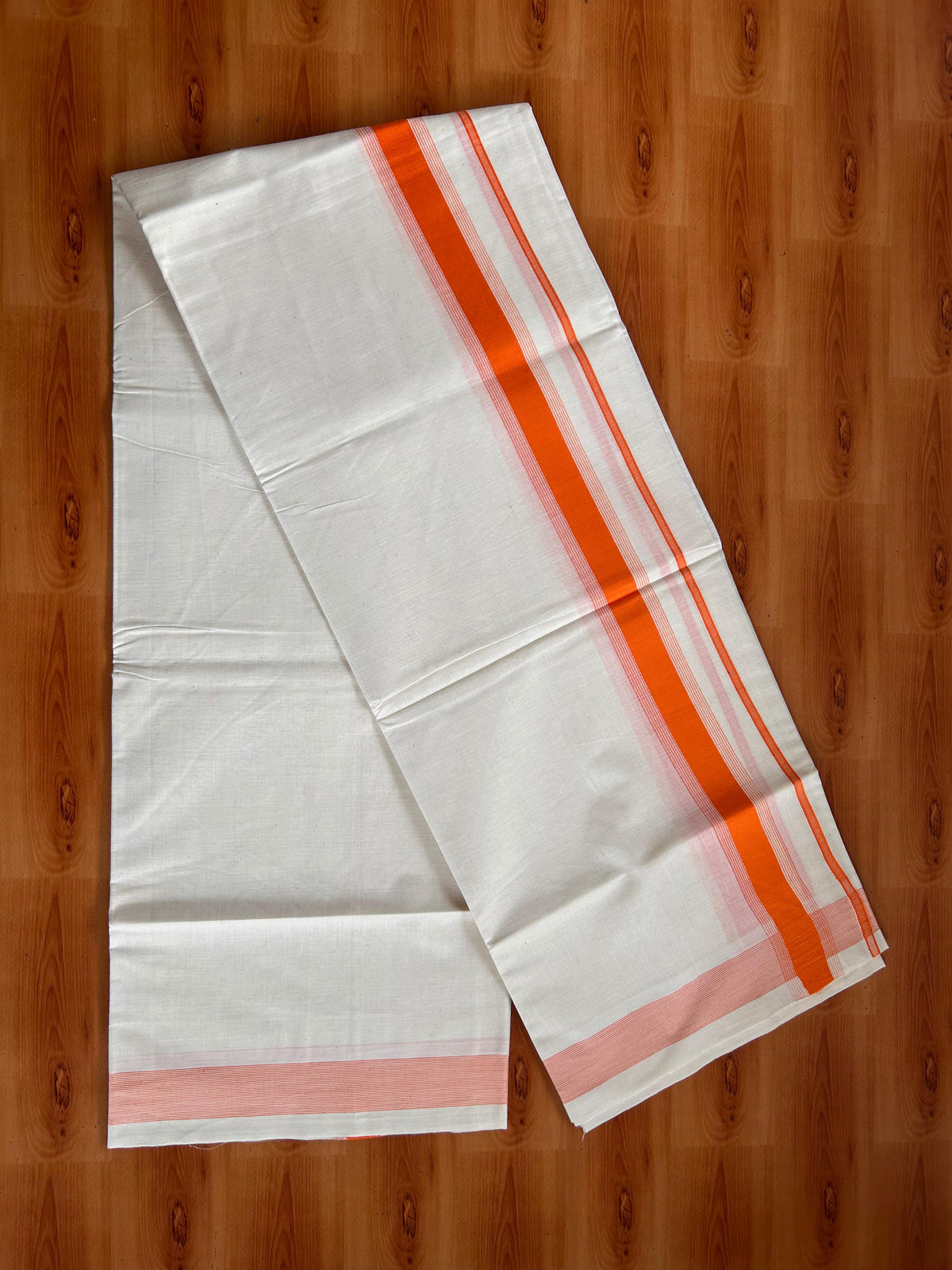 Double Off White (Unbleached) Mundu/Dhoti - 20% Discount! Kaitharikada Pulimood Pure Cotton - 100x80 - 1.55 Inch Vivid Orange Striped Kara 4 mtr (8.5 muzham) - 12 KK5541 PMC