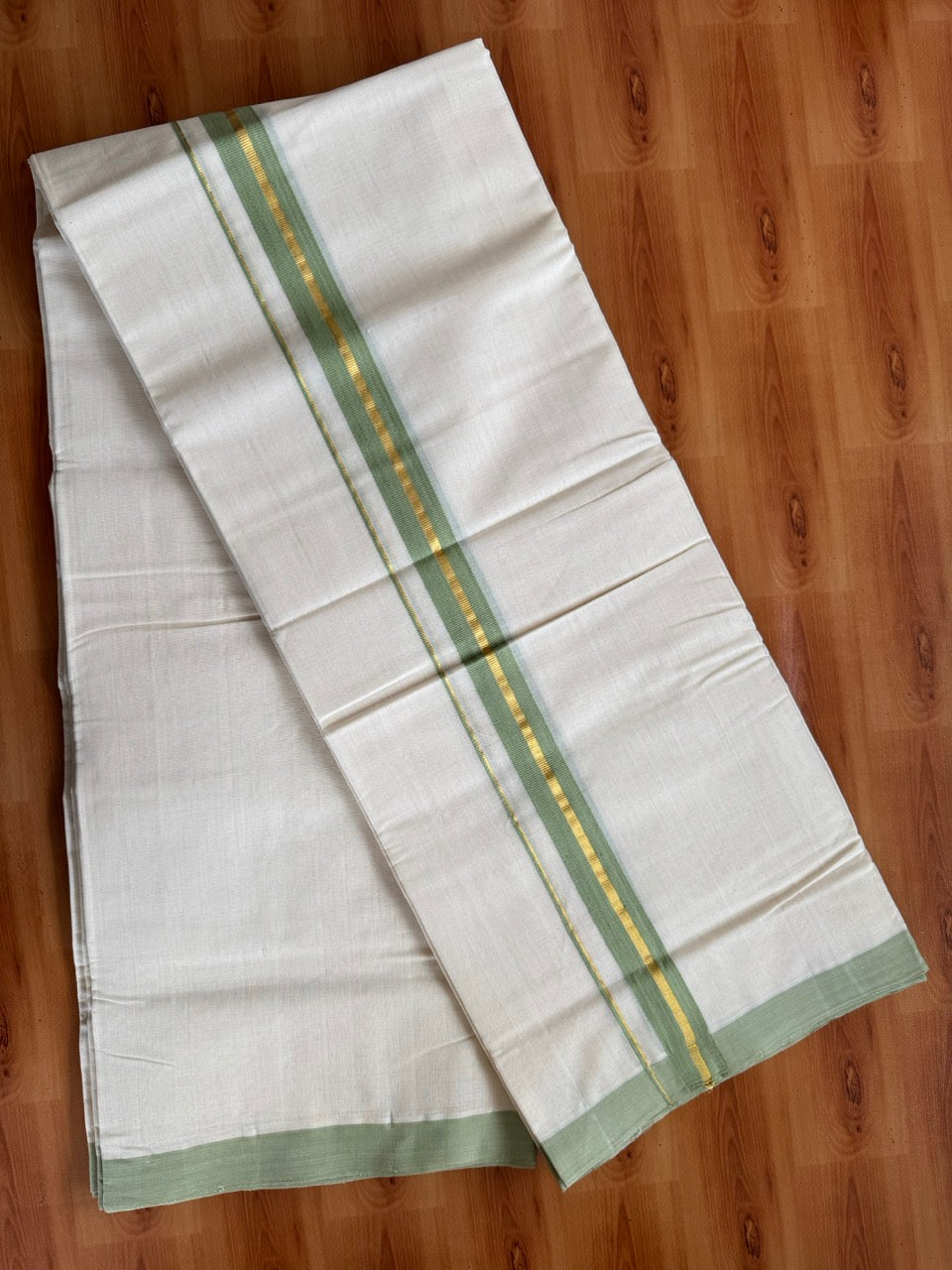 Off White (Unbleached) Double Mundu/Dothi - 25% Discount ! KaithariKada Handloom Millpaav - Kerala Handloom - 80x90 - 1.25 inch Gold Kasav & Pista Green Stripes Kara 4 Meters (8.5 Muzham) - 2 KK5508 RAM