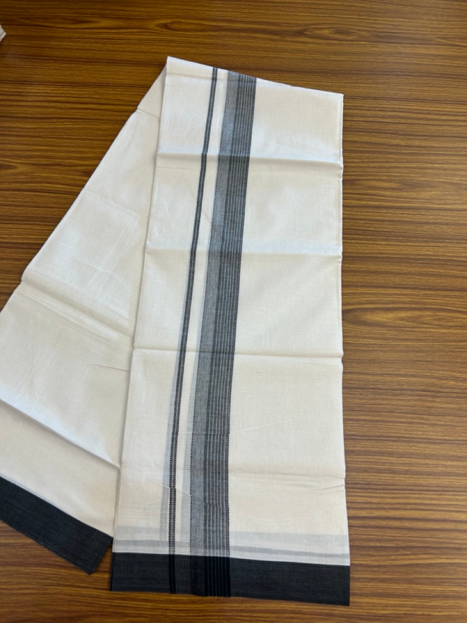 20% DISCOUNT! KaithariKada Balaramapuram Double OFF WHITE Mundu/Dhoti - 100x80 - 1.5 Inch Black Shaded striped Kara - 12 KK5285 VAS