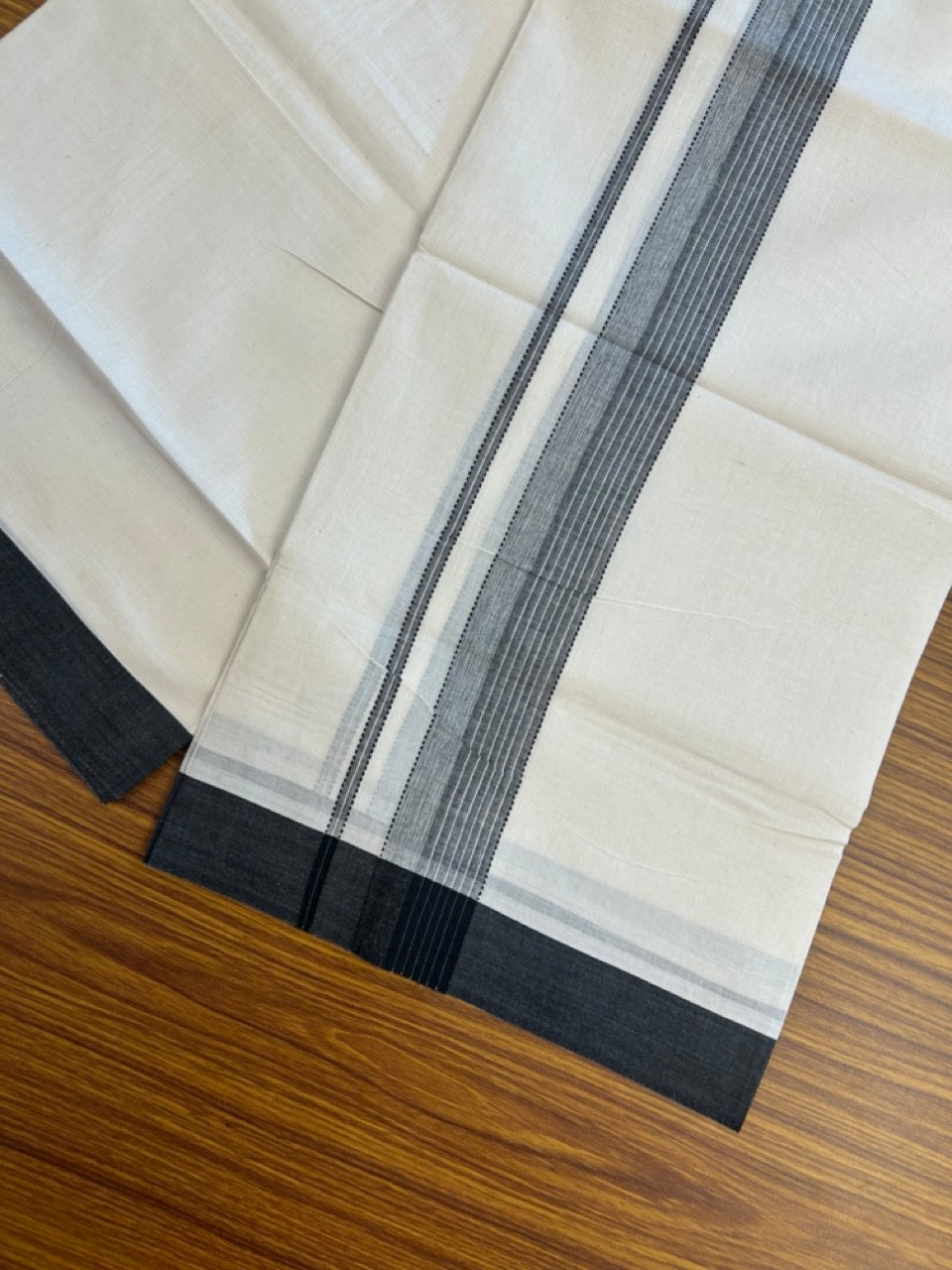 20% DISCOUNT! KaithariKada Balaramapuram Double OFF WHITE Mundu/Dhoti - 100x80 - 1.5 Inch Black Shaded striped Kara - 12 KK5285 VAS