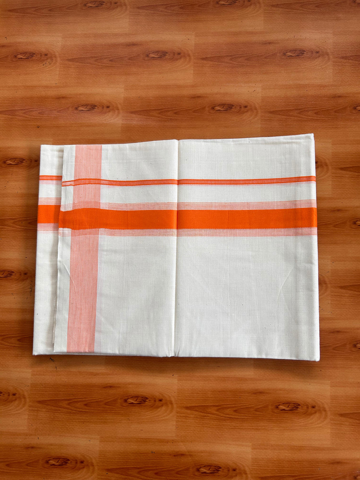 Double Off White (Unbleached) Mundu/Dhoti - 20% Discount! Kaitharikada Pulimood Pure Cotton - 100x80 - 1.55 Inch Vivid Orange Striped Kara 4 mtr (8.5 muzham) - 12 KK5541 PMC