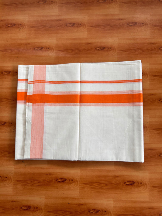 Double Off White (Unbleached) Mundu/Dhoti - 20% Discount! Kaitharikada Pulimood Pure Cotton - 100x80 - 1.55 Inch Vivid Orange Striped Kara 4 mtr (8.5 muzham) - 12 KK5541 PMC