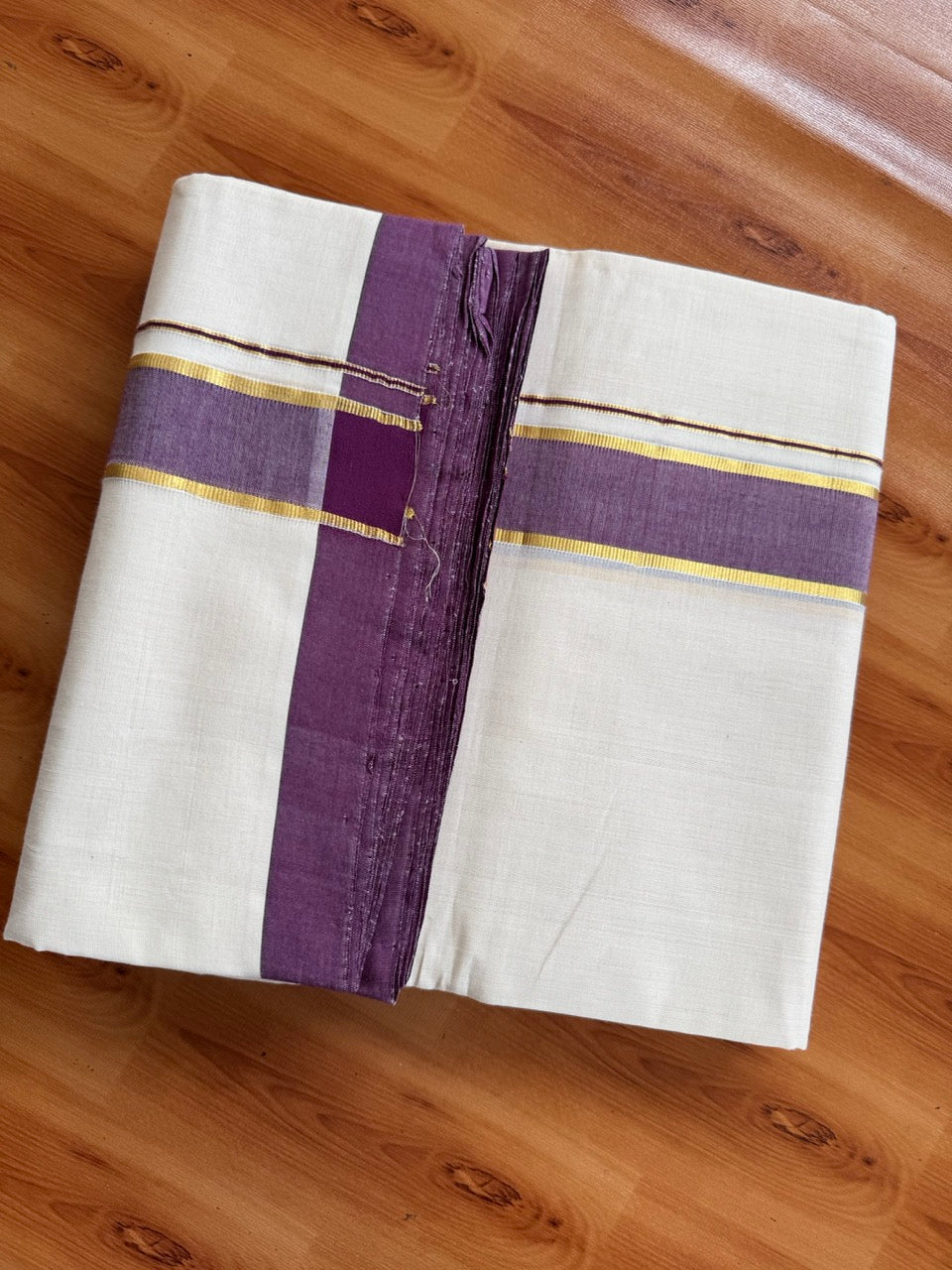 Off White (Unbleached) Double Mundu/Dothi - 25% Discount ! KaithariKada Handloom Millpaav - Kerala Handloom - 80x90 - 1.5 inch Gold Kasav & Wine Purple Mulloth Kara 4 Meters (8.5 Muzham) - 1 KK5508 RAM