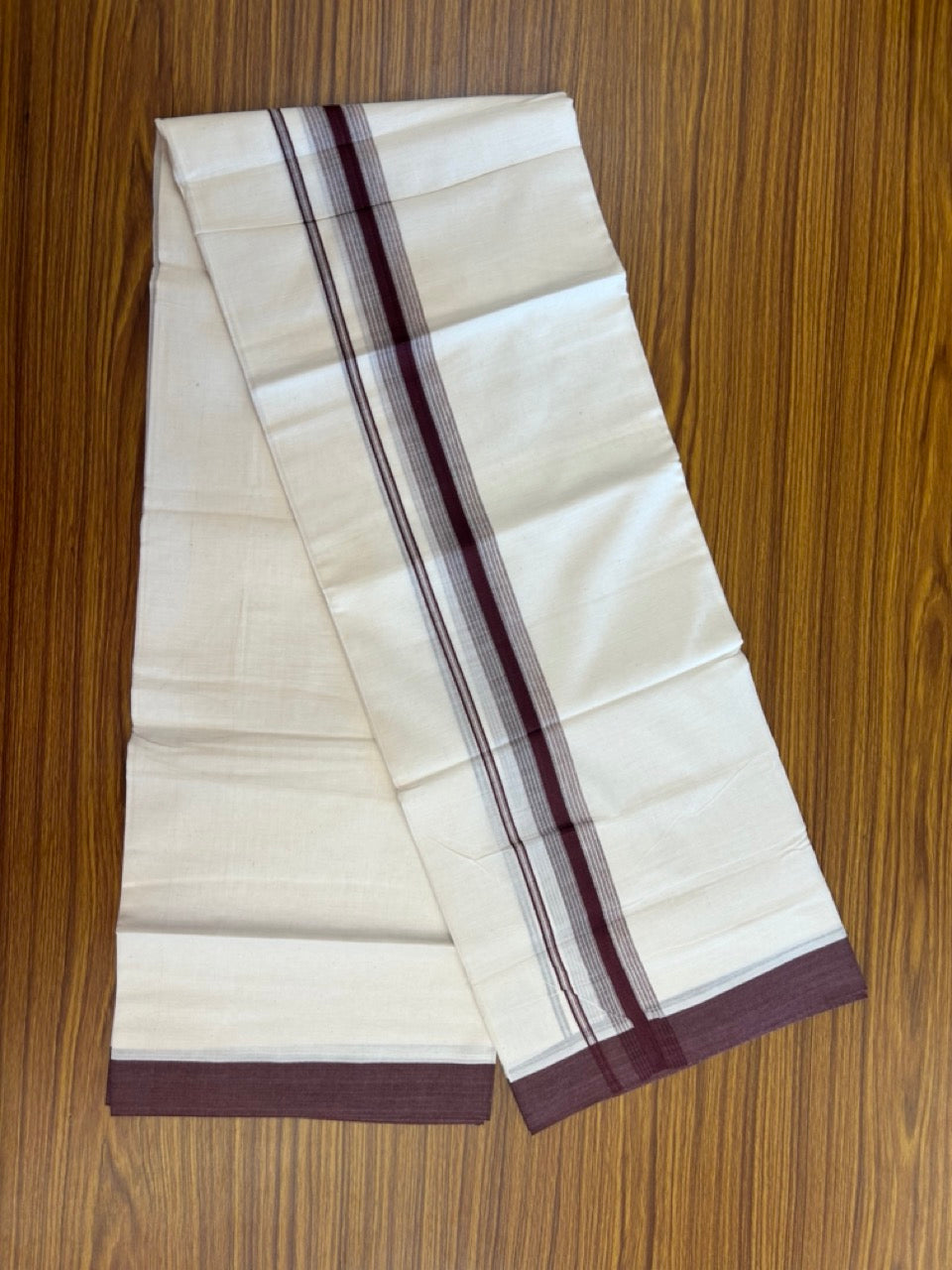 20% DISCOUNT! KaithariKada Balaramapuram Double OFF WHITE Mundu/Dhoti - 100x80 - 1.25 Inch Dark Wine Shaded striped Kara - 13 KK5285 VAS