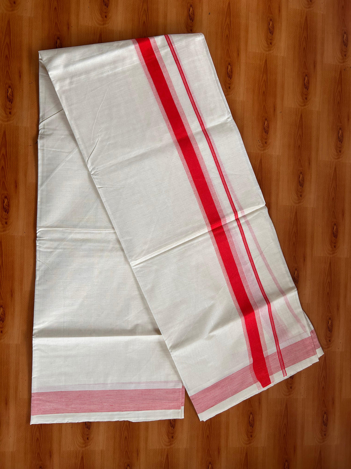 Double Off White (Unbleached) Mundu/Dhoti - 20% Discount! Kaitharikada Pulimood Pure Cotton - 100x80 - 1.5 Inch Scarlet Red Striped Kara 4 mtr (8.5 muzham) - 13 KK5541 PMC