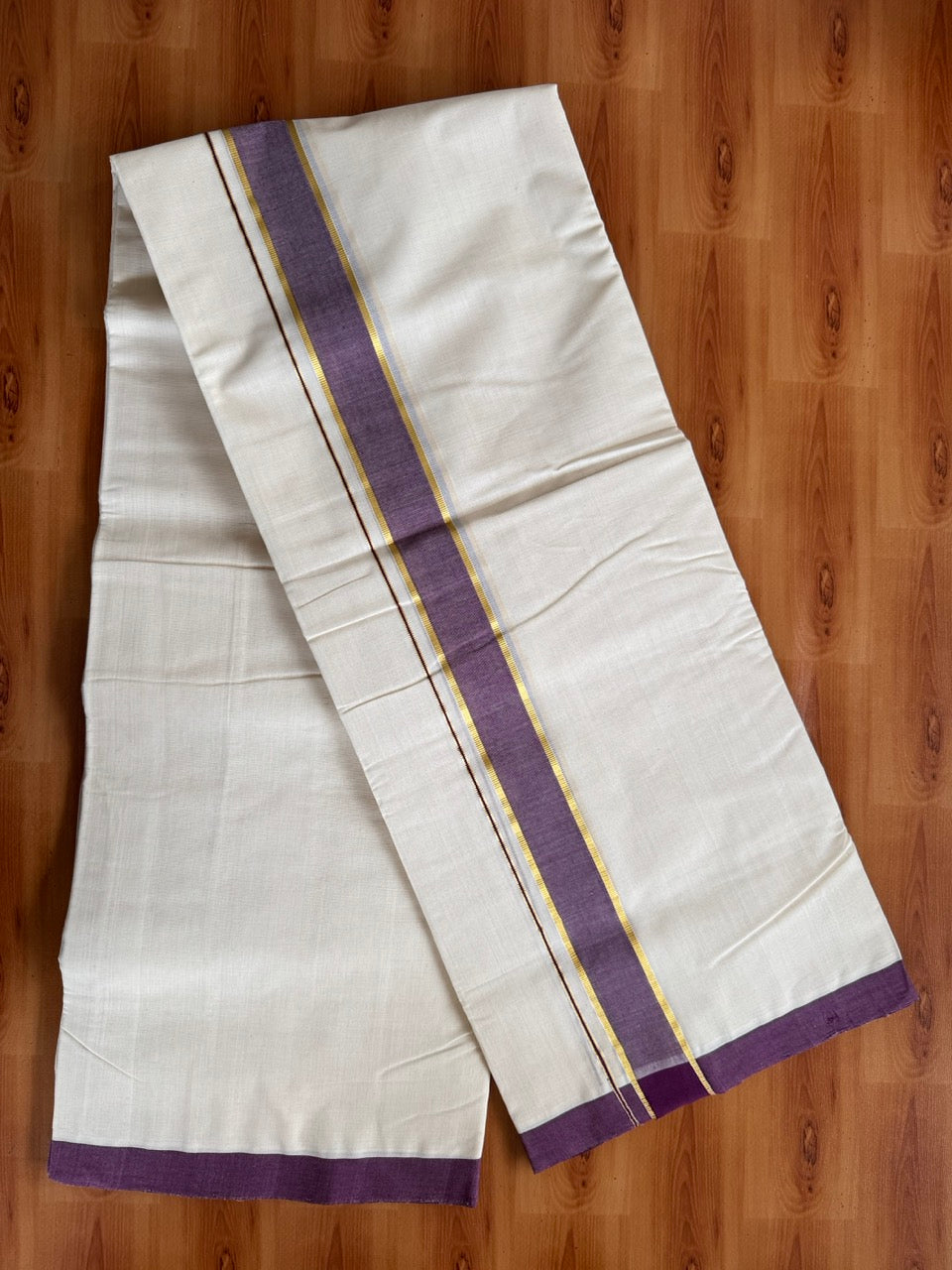 Off White (Unbleached) Double Mundu/Dothi - 25% Discount ! KaithariKada Handloom Millpaav - Kerala Handloom - 80x90 - 1.5 inch Gold Kasav & Wine Purple Mulloth Kara 4 Meters (8.5 Muzham) - 1 KK5508 RAM