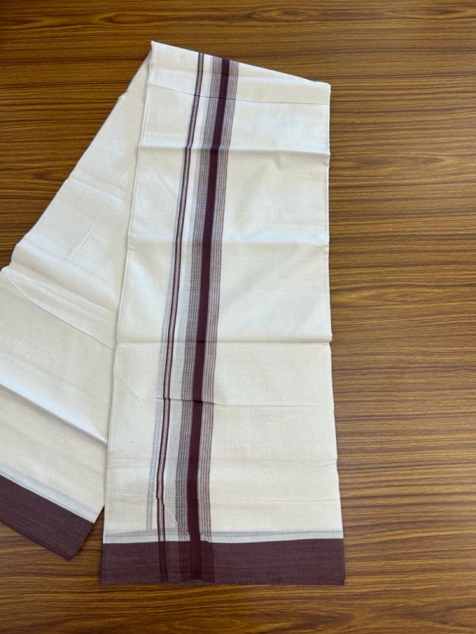 20% DISCOUNT! KaithariKada Balaramapuram Double OFF WHITE Mundu/Dhoti - 100x80 - 1.25 Inch Dark Wine Shaded striped Kara - 13 KK5285 VAS