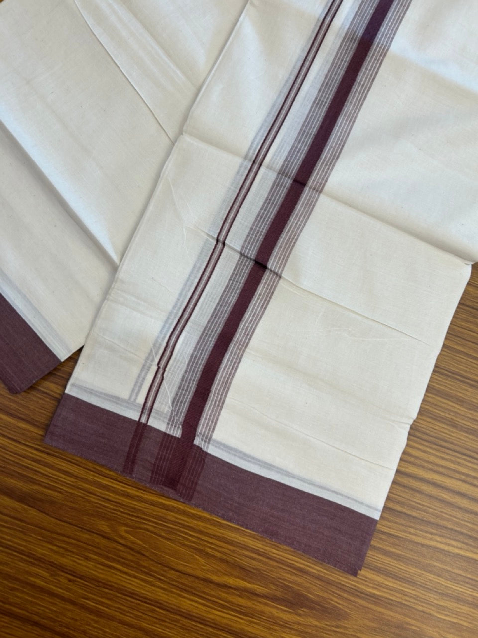 20% DISCOUNT! KaithariKada Balaramapuram Double OFF WHITE Mundu/Dhoti - 100x80 - 1.25 Inch Dark Wine Shaded striped Kara - 13 KK5285 VAS
