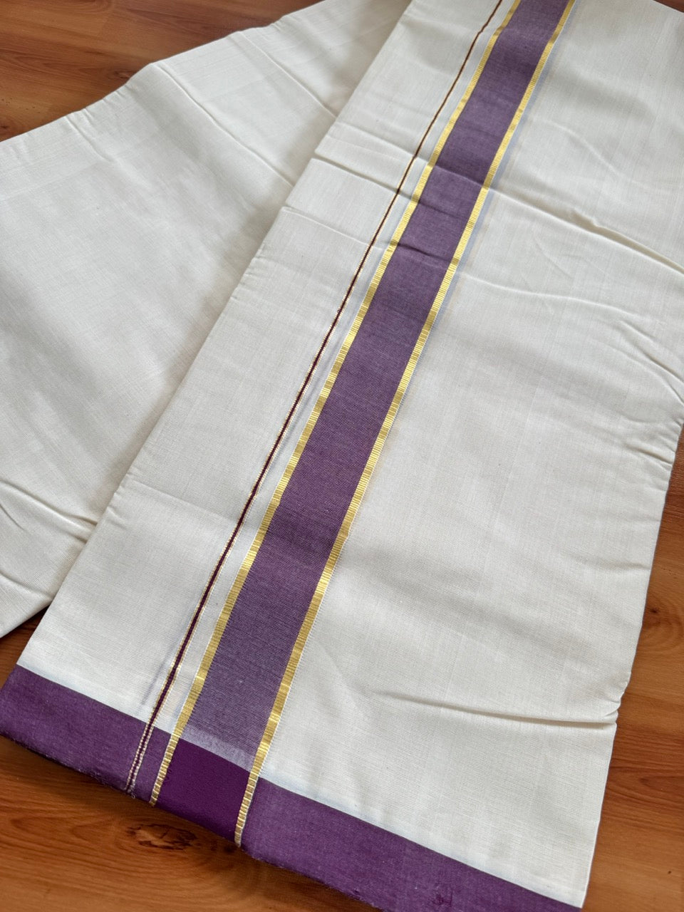 Off White (Unbleached) Double Mundu/Dothi - 25% Discount ! KaithariKada Handloom Millpaav - Kerala Handloom - 80x90 - 1.5 inch Gold Kasav & Wine Purple Mulloth Kara 4 Meters (8.5 Muzham) - 1 KK5508 RAM