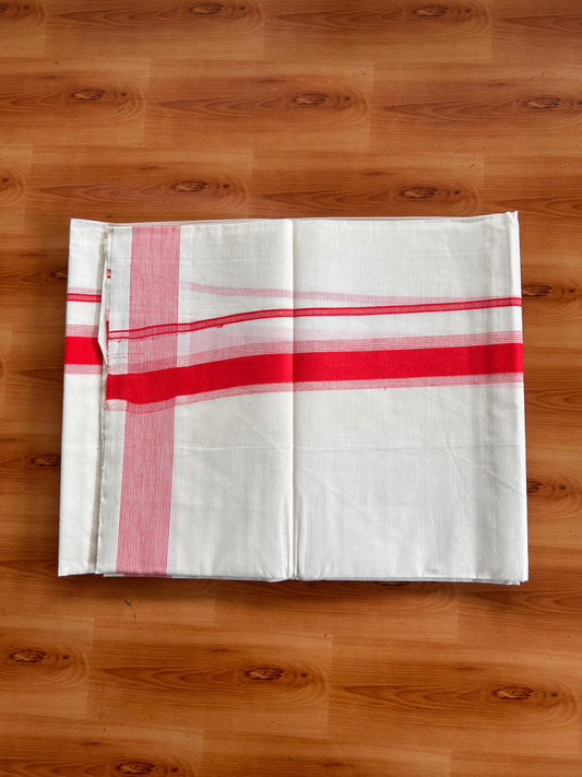 Double Off White (Unbleached) Mundu/Dhoti - 20% Discount! Kaitharikada Pulimood Pure Cotton - 100x80 - 1.5 Inch Scarlet Red Striped Kara 4 mtr (8.5 muzham) - 13 KK5541 PMC