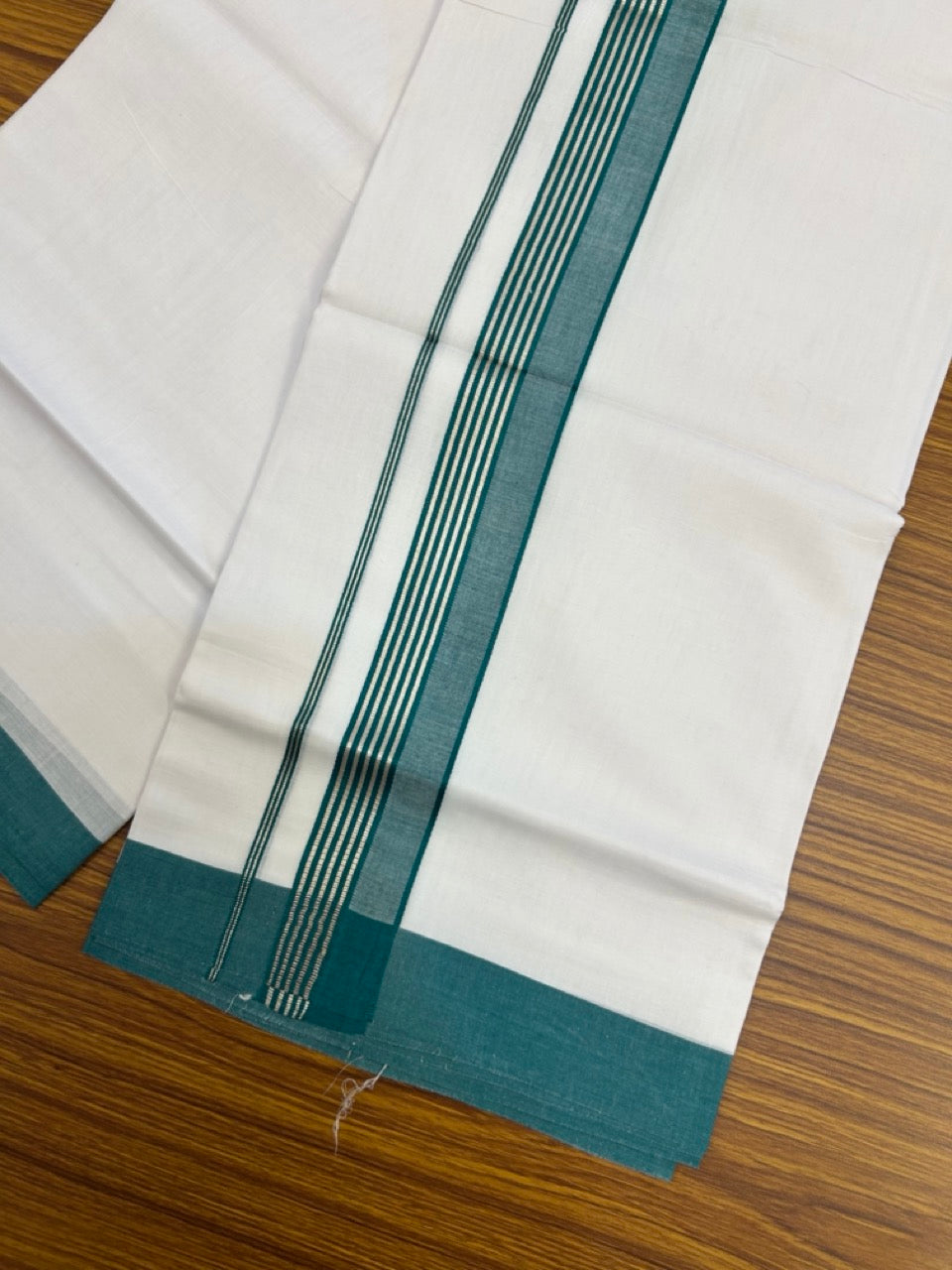 20% Discount ! KaithariKada Balaramapuram 100% Cotton Double Pure white Mundu/Dhoti- 100x80 - 1.5 inch Silver Kasavu & Light Green Striped Kara - 3.90mtr ( 8 muzham) - 10 KK5251 PMC
