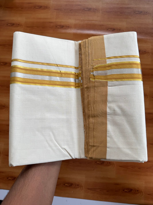 Double Off White (Unbleached) Mundu/Dhoti  25% Discount!! KaithariKada Handloom Millpaav - Kerala Handloom - 100% Pure Cotton - 80x90 - 1.5 Inch Gold Silver Kasav & Orange Brown Striped Kara 4 mtr (8.5 Muzham) - 9 KK5508 RAM