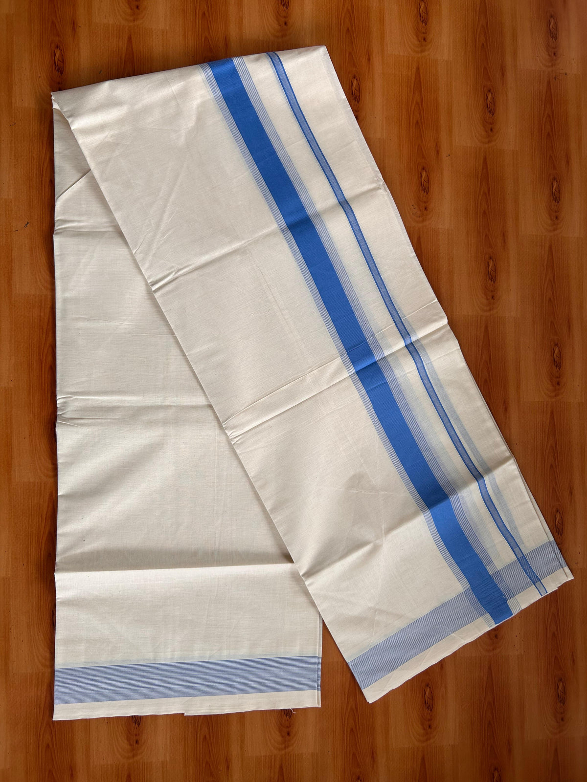 Double Off White (Unbleached) Mundu/Dhoti - 20% Discount! Kaitharikada Pulimood Pure Cotton - 100x80 - 1.54 Inch Steel Blue Striped Kara 4 mtr (8.5 muzham) - 14 KK5541 PMC