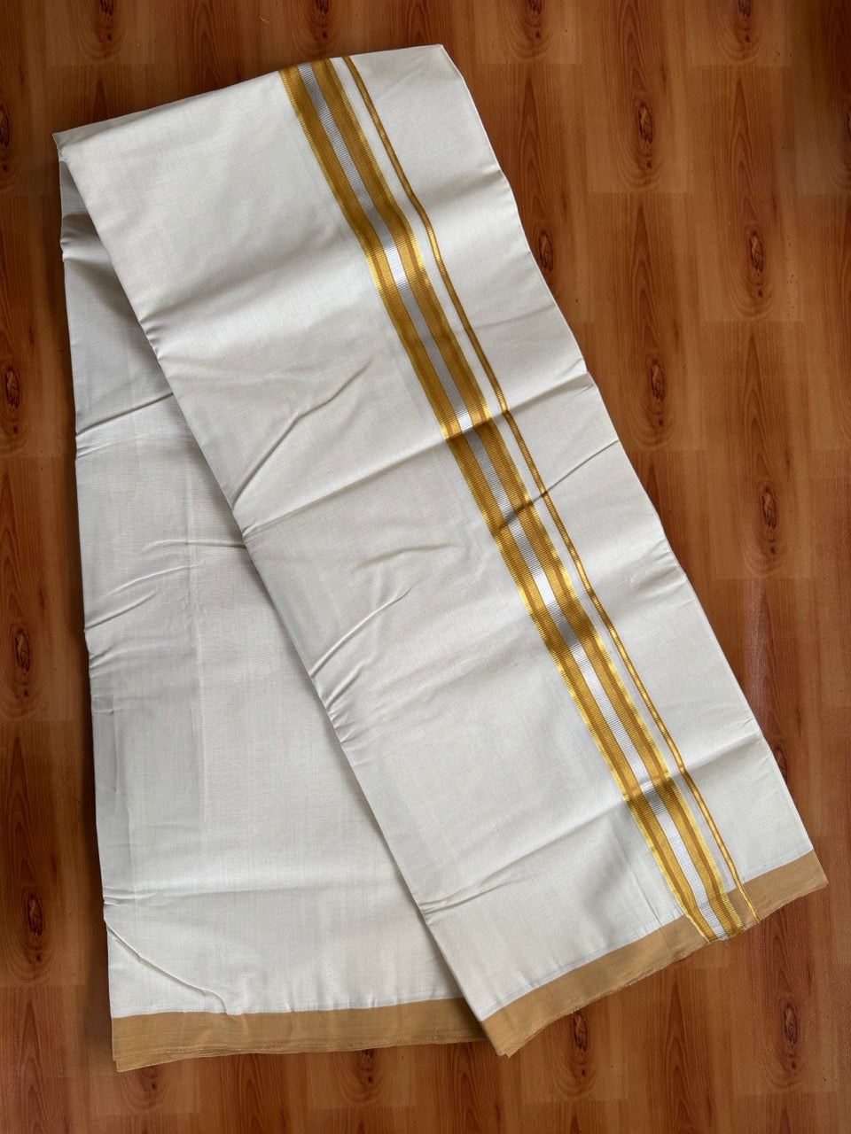Double Off White (Unbleached) Mundu/Dhoti  25% Discount!! KaithariKada Handloom Millpaav - Kerala Handloom - 100% Pure Cotton - 80x90 - 1.5 Inch Gold Silver Kasav & Orange Brown Striped Kara 4 mtr (8.5 Muzham) - 9 KK5508 RAM