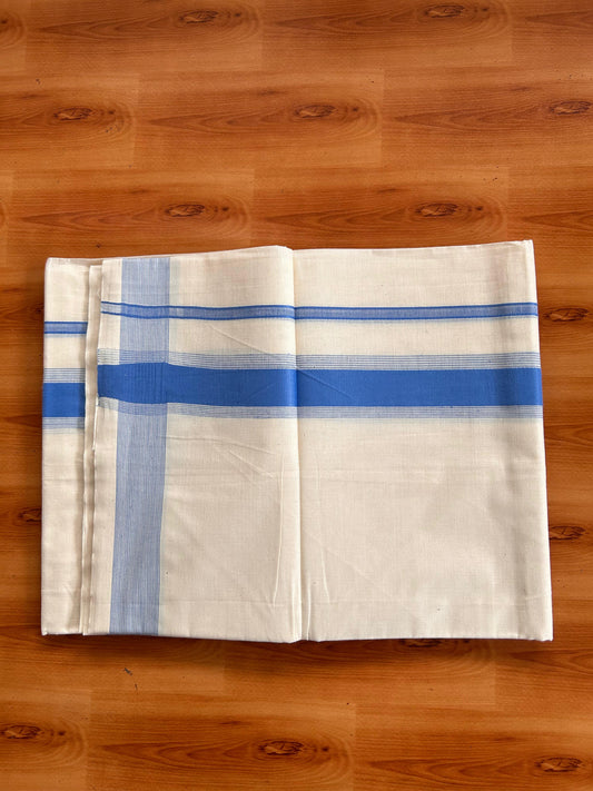 Double Off White (Unbleached) Mundu/Dhoti - 20% Discount! Kaitharikada Pulimood Pure Cotton - 100x80 - 1.54 Inch Steel Blue Striped Kara 4 mtr (8.5 muzham) - 14 KK5541 PMC