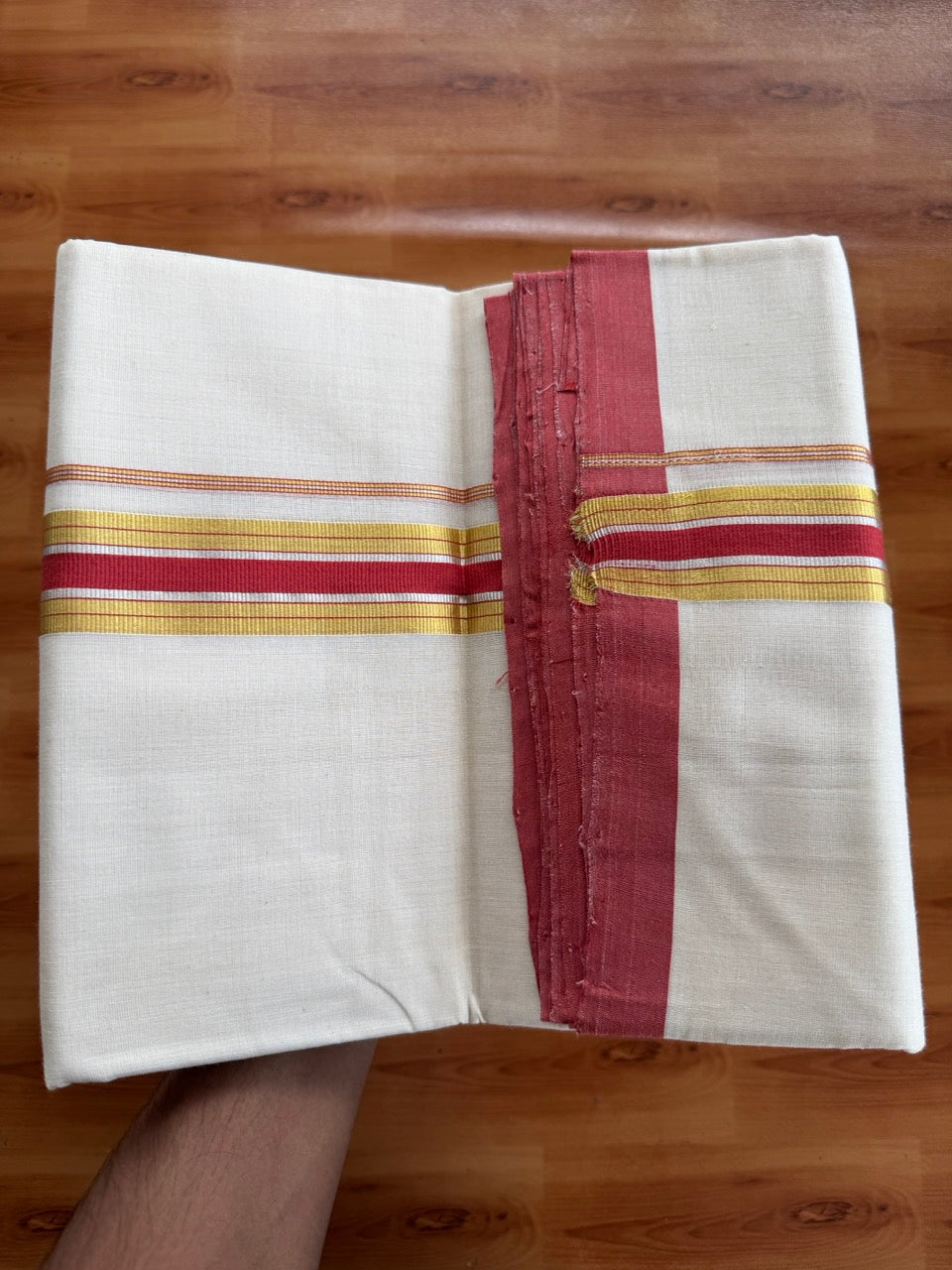 Double Off White (Unbleached) Mundu/Dhoti  25% Discount!! KaithariKada Handloom Millpaav - Kerala Handloom - 100% Pure Cotton - 80x90 - 1.5 Inch Gold Silver Kasav & Peach Red Striped Kara 4 mtr (8.5 Muzham) - 22 KK5508 RAM