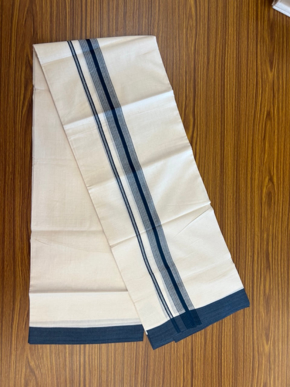 20% DISCOUNT! KaithariKada Balaramapuram Double OFF WHITE Mundu/Dhoti - 100x80 - 1.5 Inch Peacock Blue Shaded striped Kara - 15 KK5285 VAS