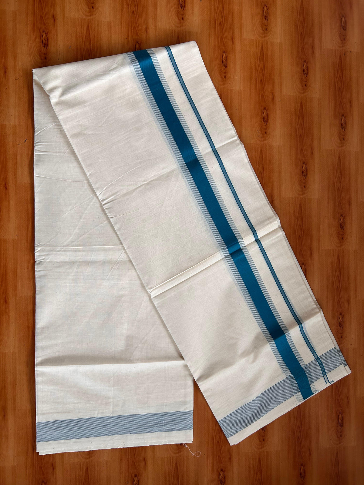 Double Off White (Unbleached) Mundu/Dhoti - 20% Discount! Kaitharikada Pulimood Pure Cotton - 100x80 - 1.5 Inch Blue Striped Kara 4 mtr (8.5 muzham) - 16 KK5541 PMC