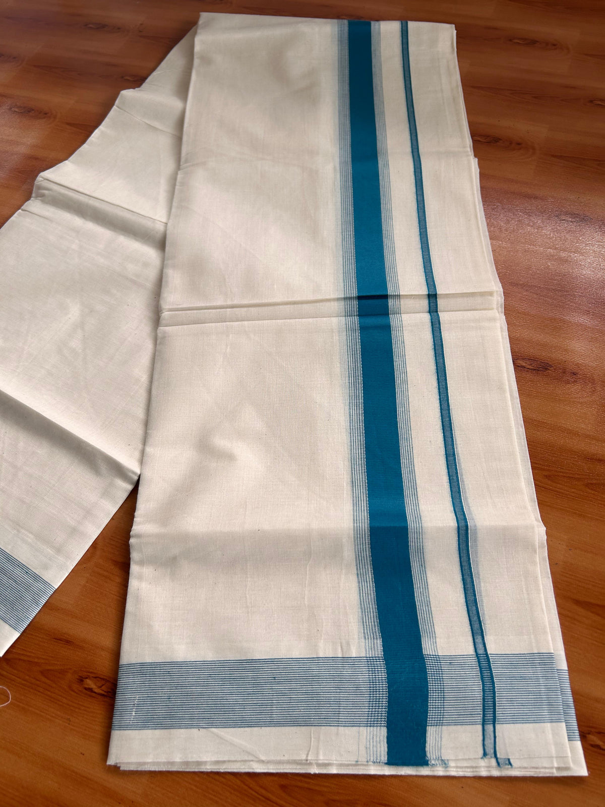 Double Off White (Unbleached) Mundu/Dhoti - 20% Discount! Kaitharikada Pulimood Pure Cotton - 100x80 - 1.5 Inch Blue Striped Kara 4 mtr (8.5 muzham) - 16 KK5541 PMC
