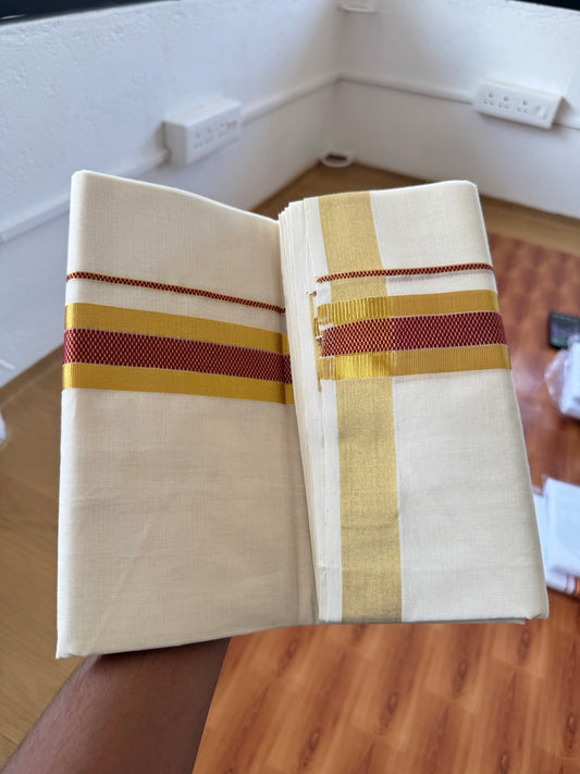 25% Discount ! Kaitharikada Handloom Unakkupaav - Kerala Handloom - 100% Pure Cotton Off White - (Unbleached) Double Mund/Dhoti - 100x80 - 1.75 inch Gold Kasav & Maroon Jacquard Design Kara 4 mtr (8.5 Muzham) - 31 KK5384 ABH
