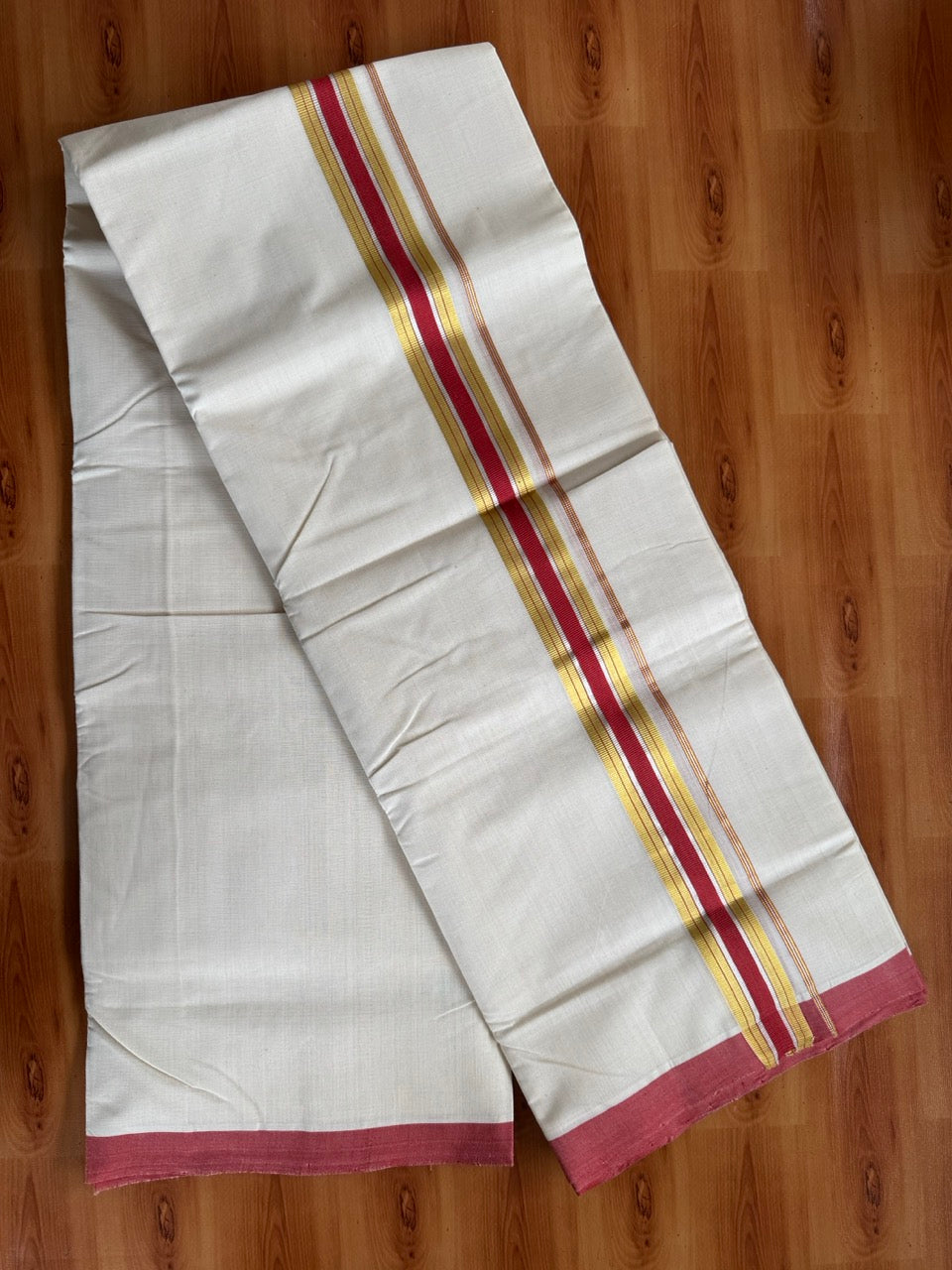 Double Off White (Unbleached) Mundu/Dhoti  25% Discount!! KaithariKada Handloom Millpaav - Kerala Handloom - 100% Pure Cotton - 80x90 - 1.5 Inch Gold Silver Kasav & Peach Red Striped Kara 4 mtr (8.5 Muzham) - 22 KK5508 RAM