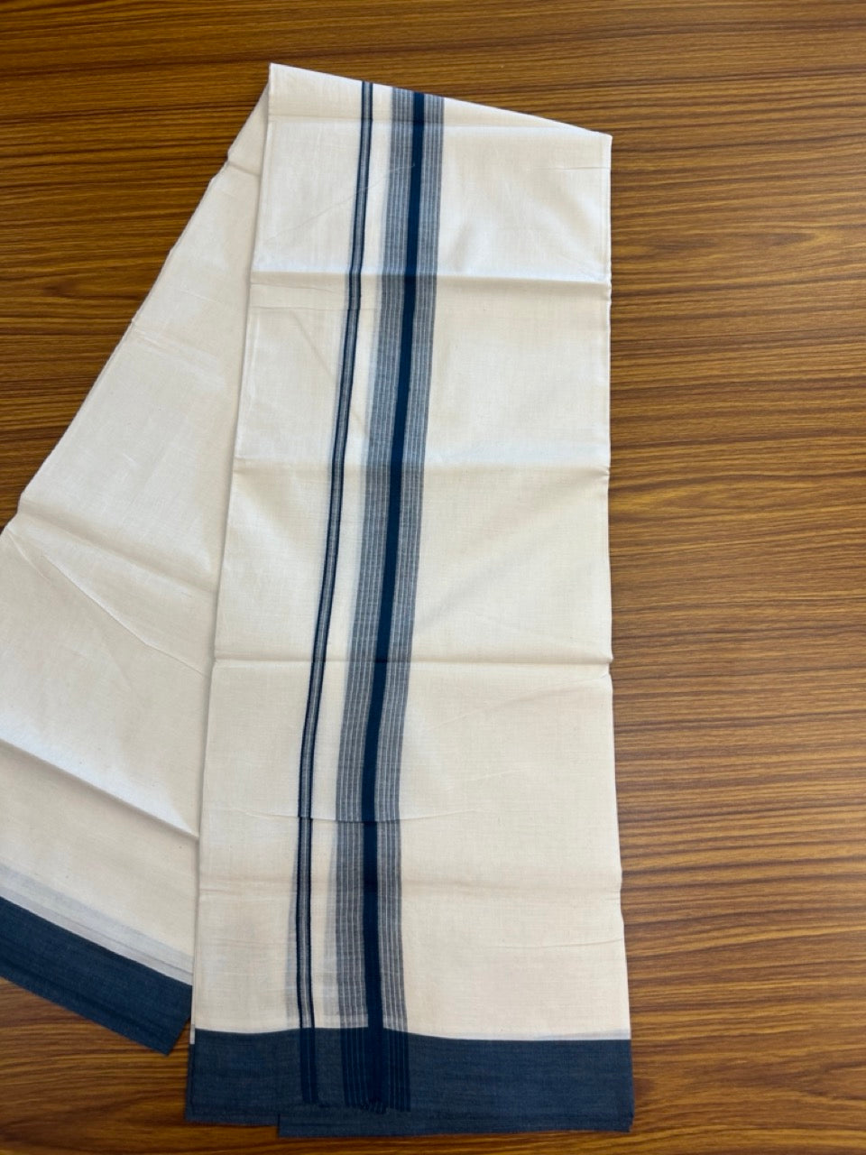 20% DISCOUNT! KaithariKada Balaramapuram Double OFF WHITE Mundu/Dhoti - 100x80 - 1.5 Inch Peacock Blue Shaded striped Kara - 15 KK5285 VAS