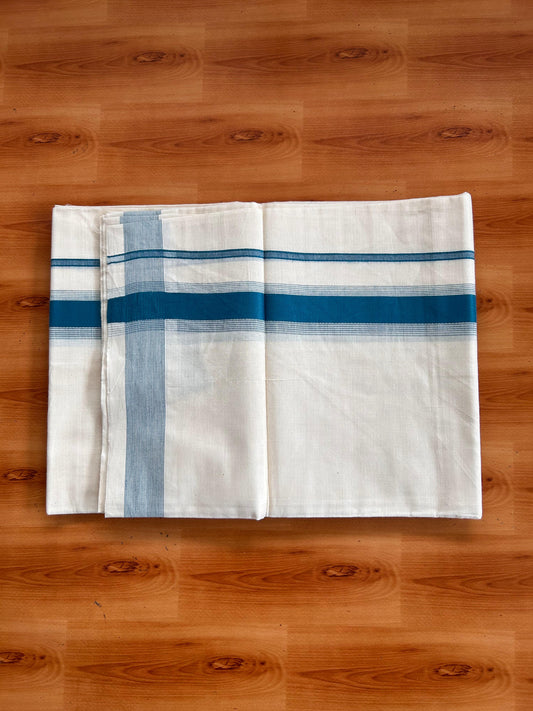Double Off White (Unbleached) Mundu/Dhoti - 20% Discount! Kaitharikada Pulimood Pure Cotton - 100x80 - 1.5 Inch Blue Striped Kara 4 mtr (8.5 muzham) - 16 KK5541 PMC