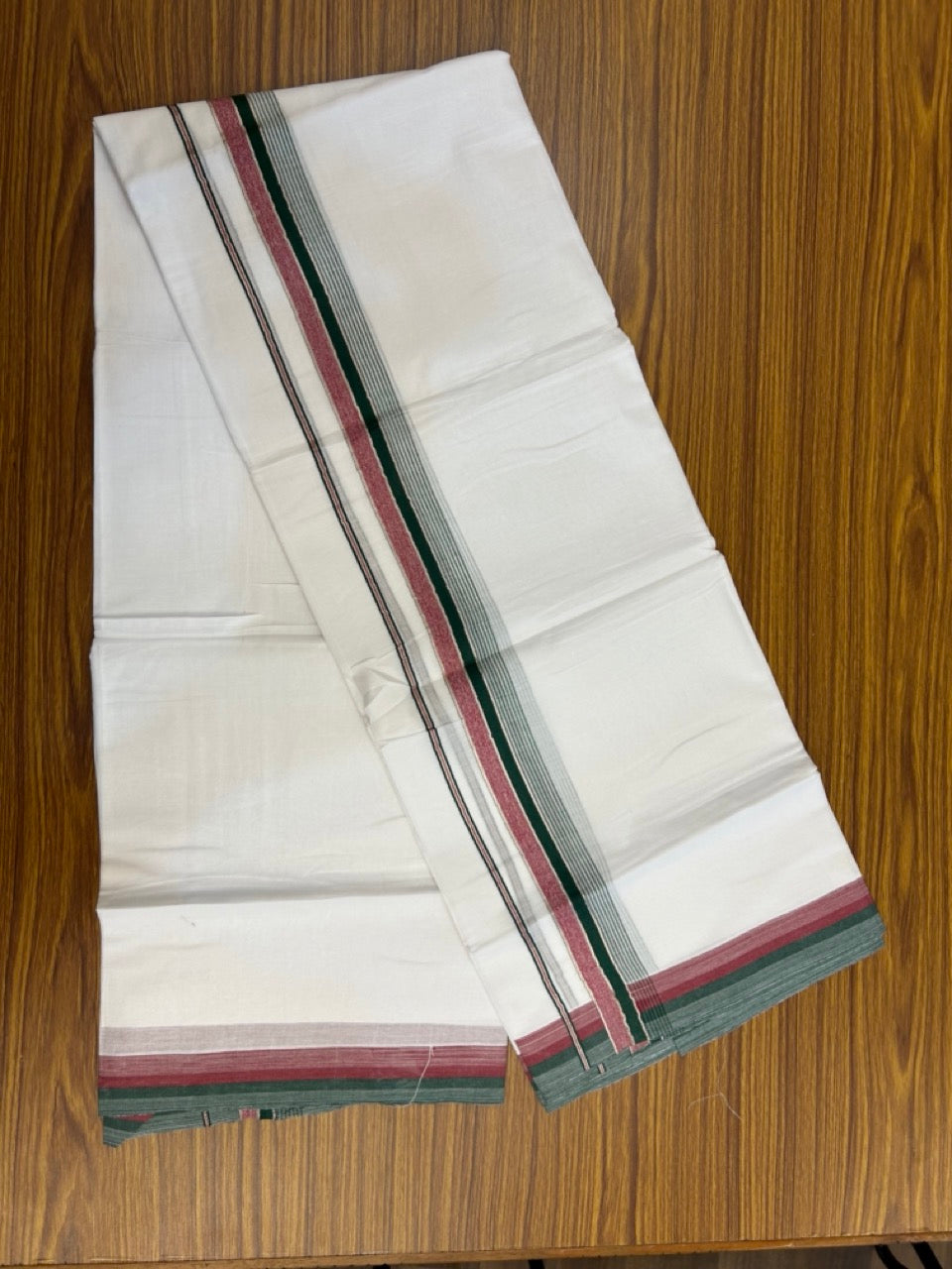 20% DISCOUNT ! KaithariKada Balaramapuram 100% Cotton Double PURE WHITE Mundu/Dhoti - 100X80 - 1.5 inch Silver kasav Dark Green & Pink Maroon Stripes kara 3.90 mtr (8 muzham)- 13 KK5251 PMC