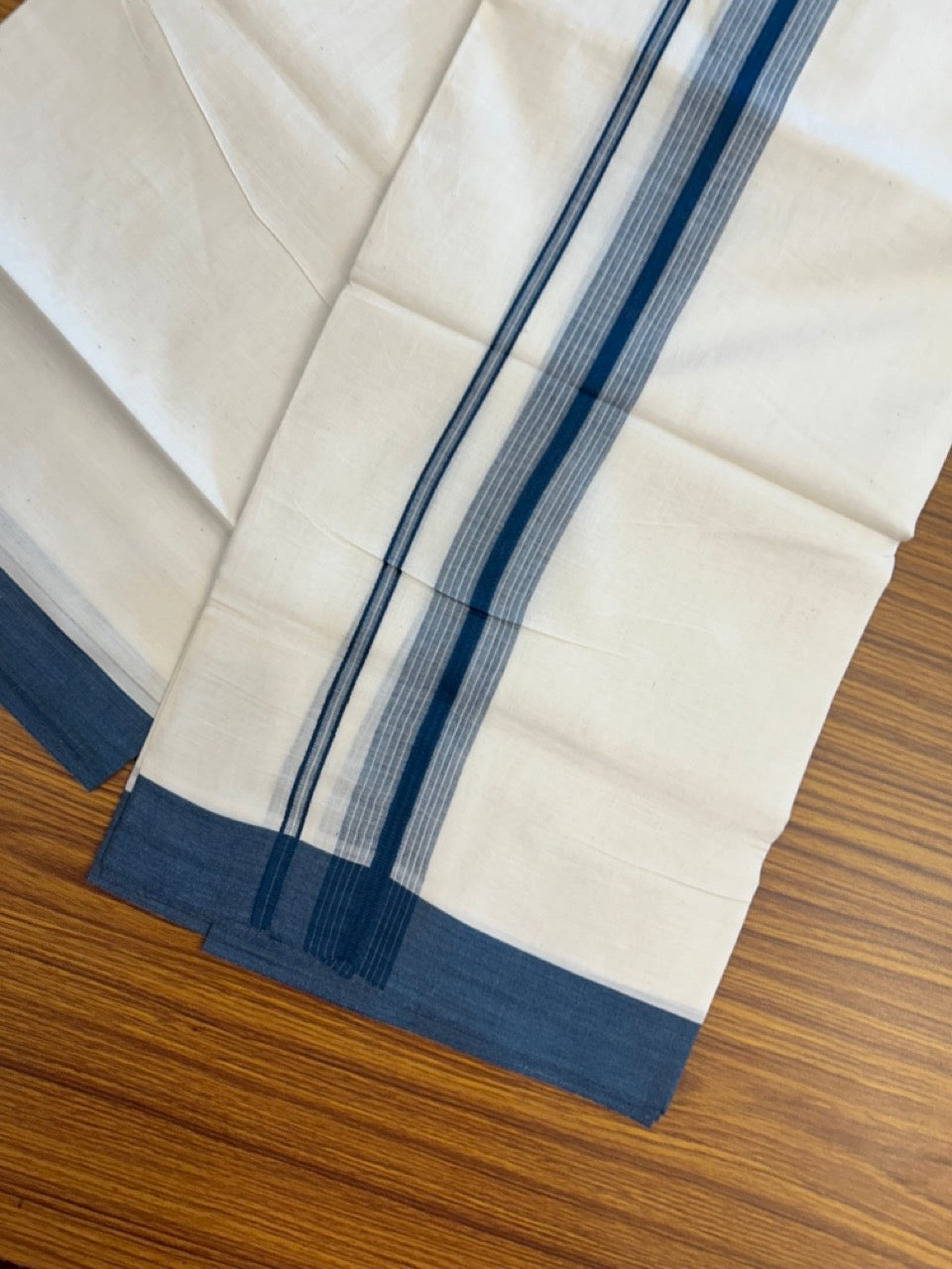 20% DISCOUNT! KaithariKada Balaramapuram Double OFF WHITE Mundu/Dhoti - 100x80 - 1.5 Inch Peacock Blue Shaded striped Kara - 15 KK5285 VAS