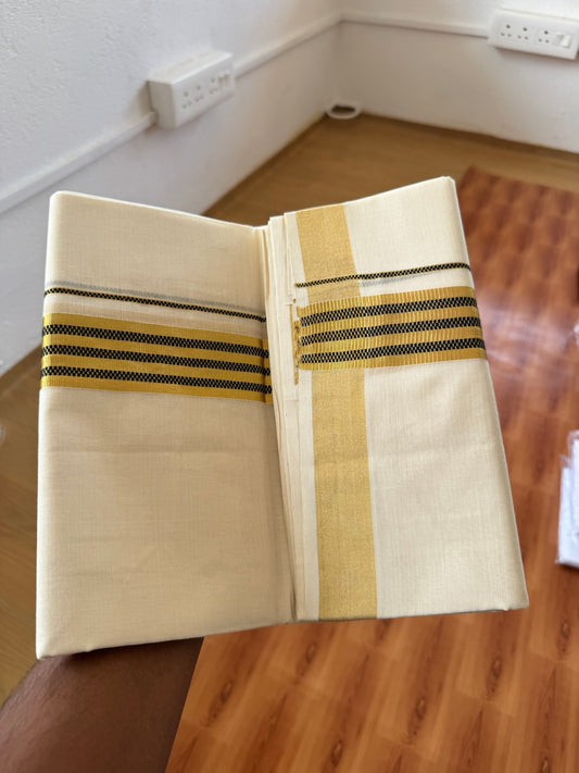 25% Discount ! Kaitharikada Handloom Unakkupaav - Kerala Handloom - 100% Pure Cotton Off White - (Unbleached) Double Mund/Dhoti - 100x80 - 1.75 inch Gold Kasav & Black Jacquard Design Kara 4 mtr (8.5 Muzham) - 29 KK5384 ABH